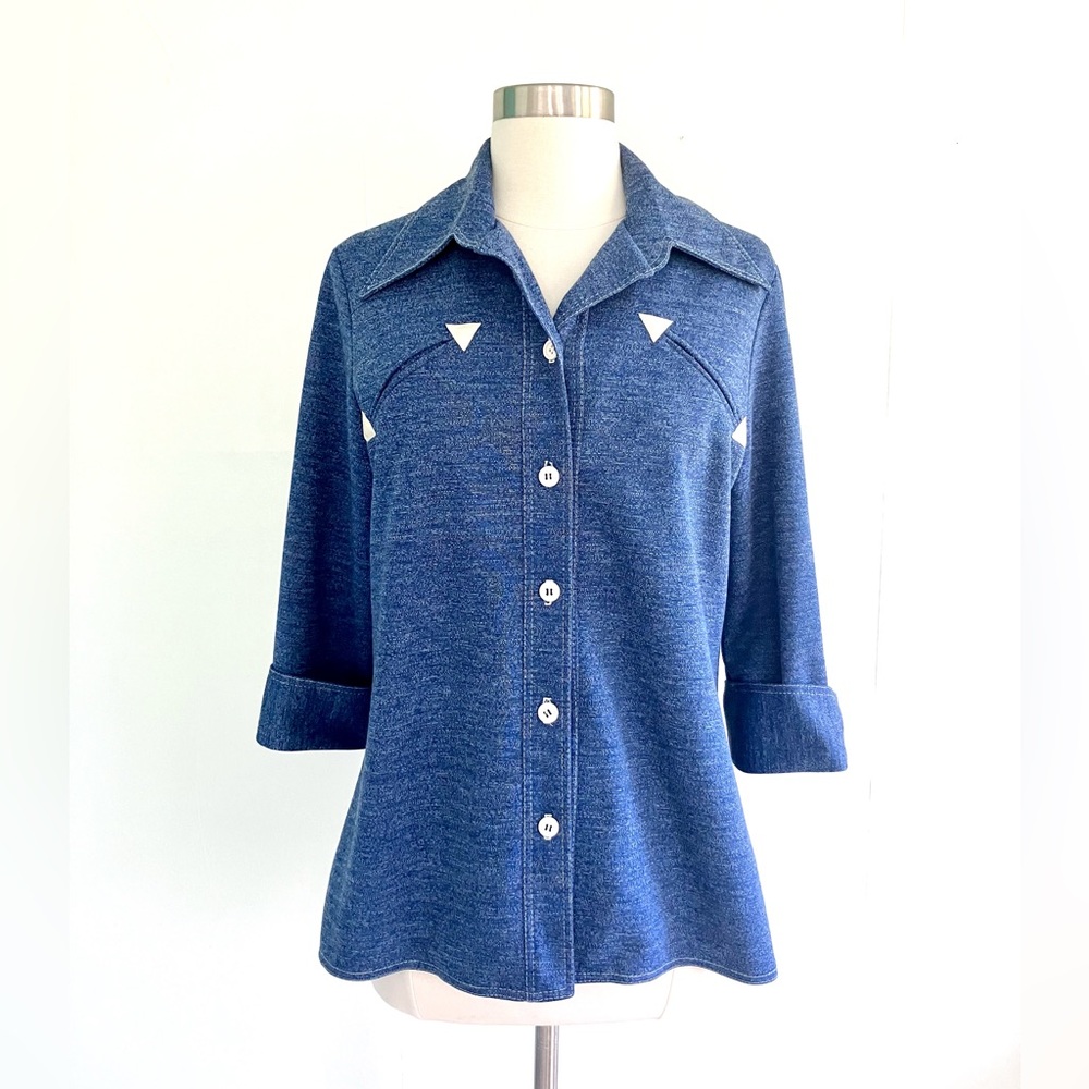 Vintage 70’s blue western button up 3/4 sleeve mod shirt top